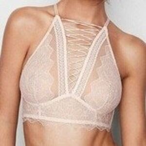Victoria Secret Bralette Pink Lace High Neck Strappy Very Sexy Lingerie Small